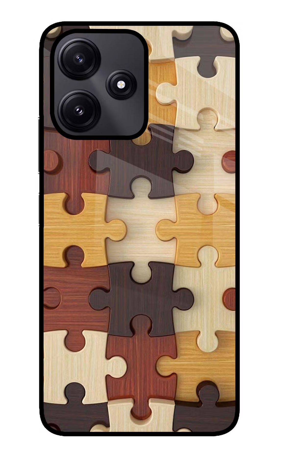 Wooden Puzzle Redmi 12 5G Glass Case Back Cover by Casekaro
