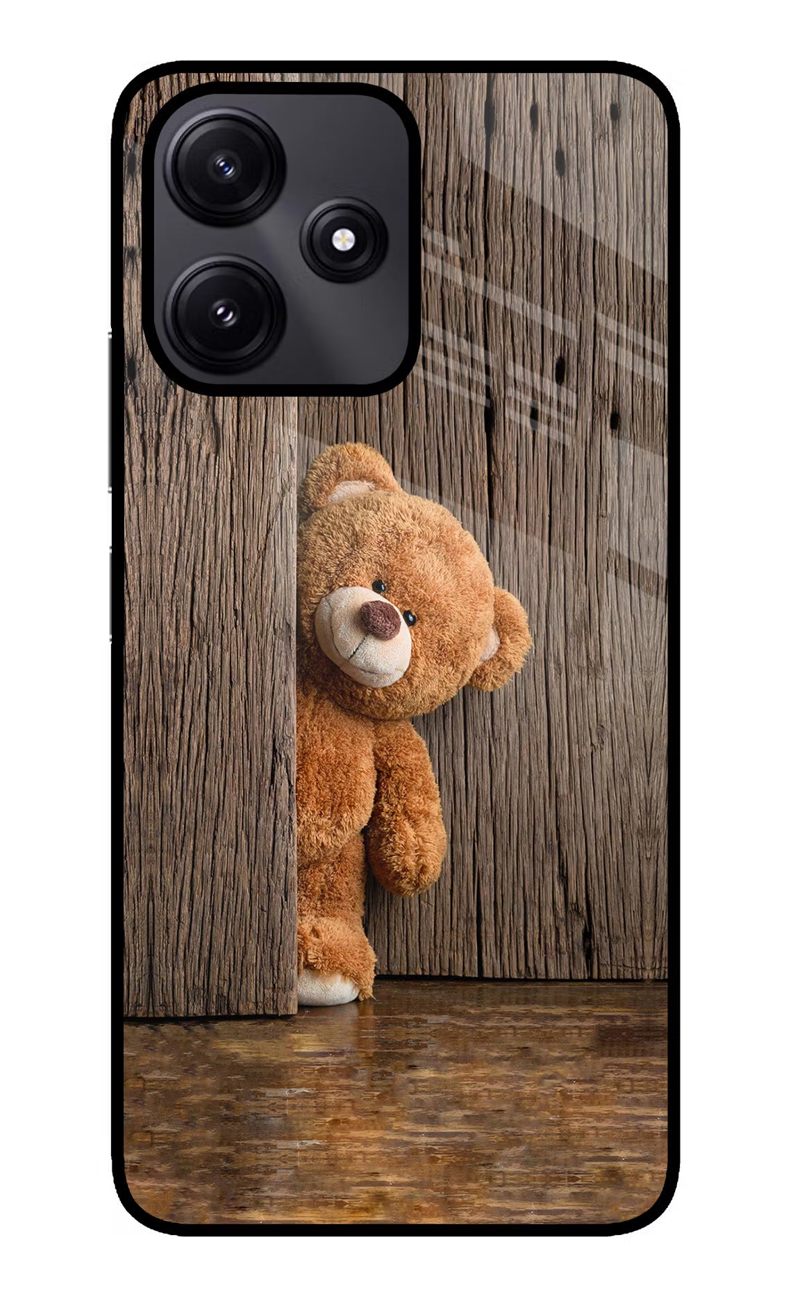 Teddy Wooden Redmi 12 5G Glass Case Back Cover by Casekaro