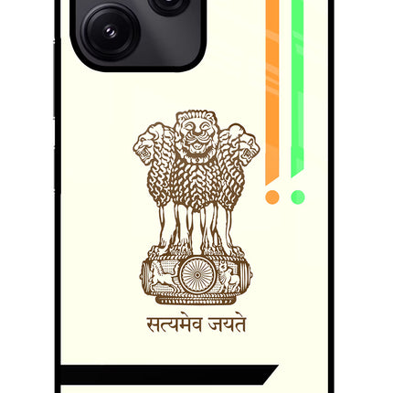 Satyamev Jayate Brown Logo Redmi 12 5G Glass Case Back Cover by Casekaro