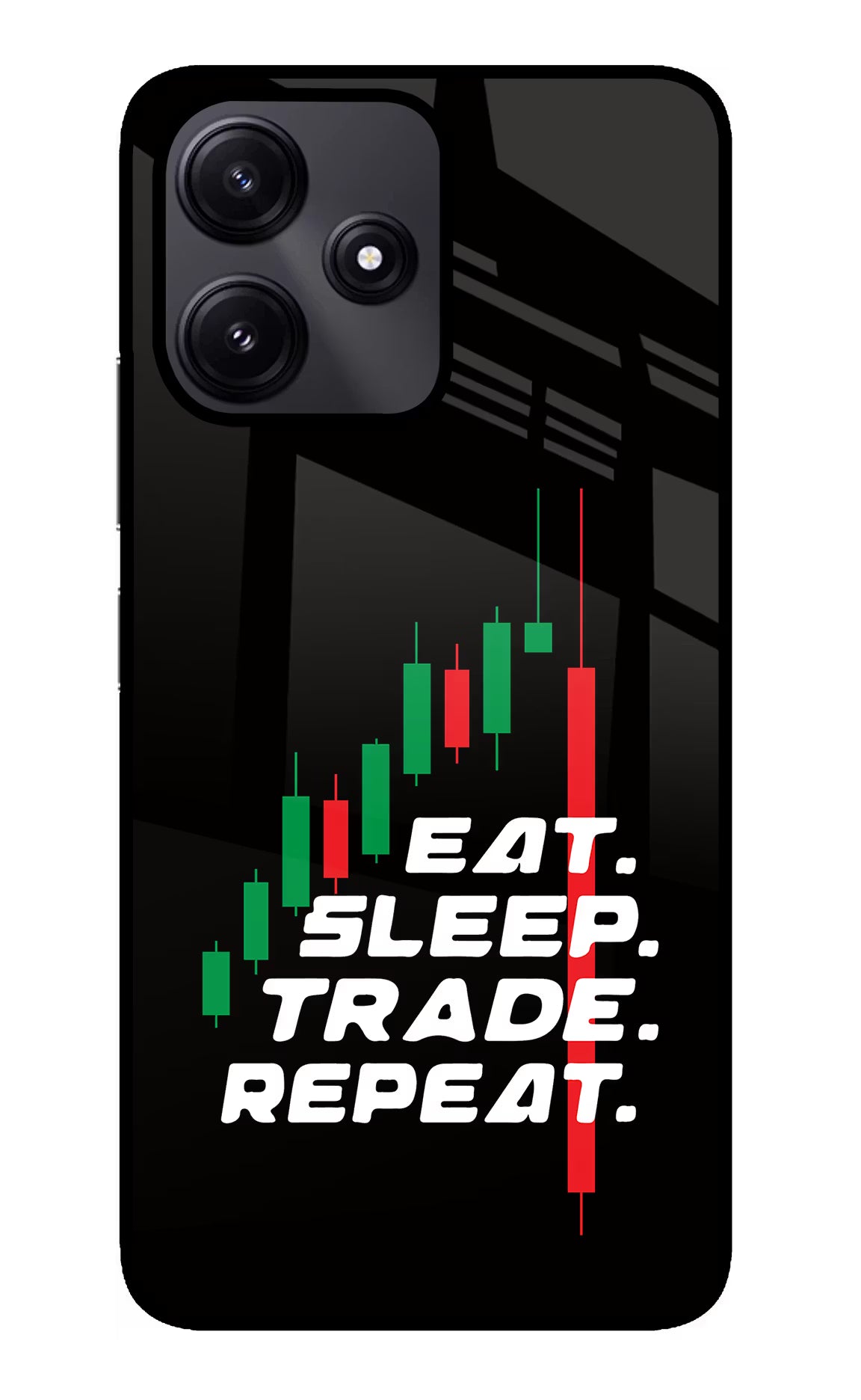 Eat Sleep Trade Repeat Redmi 12 5G Glass Case Back Cover by Casekaro