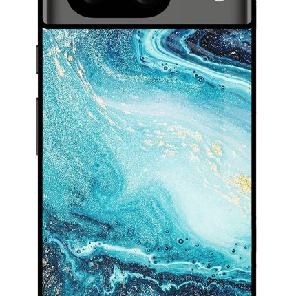 Blue Glitter Marble Google Pixel 8 Glass Case Back Cover by Casekaro