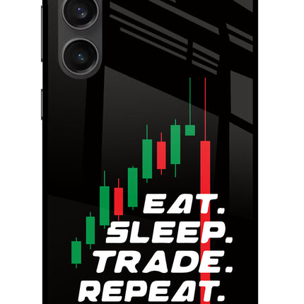 Eat Sleep Trade Repeat Samsung S23 FE 5G Glass Case Back Cover by Casekaro