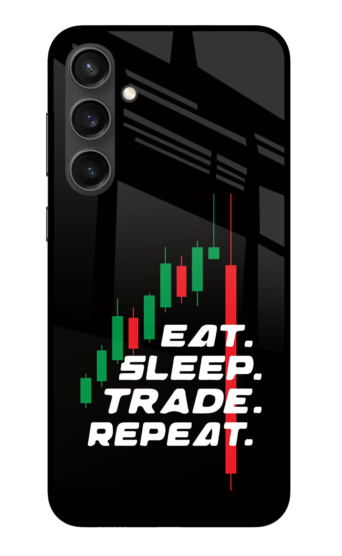 Eat Sleep Trade Repeat Samsung S23 FE 5G Glass Case Back Cover by Casekaro