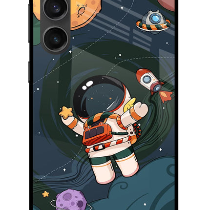 Cartoon Astronaut Samsung S23 FE 5G Glass Case Back Cover by Casekaro