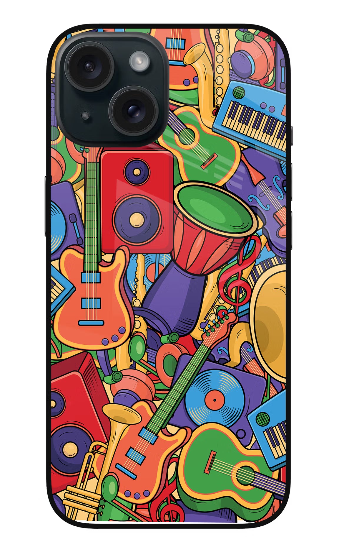 Music Instrument Doodle iPhone 15 Glass Case Back Cover by Casekaro