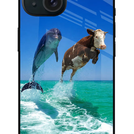 Dolphin vs Cow iPhone 15 Glass Case Back Cover by Casekaro