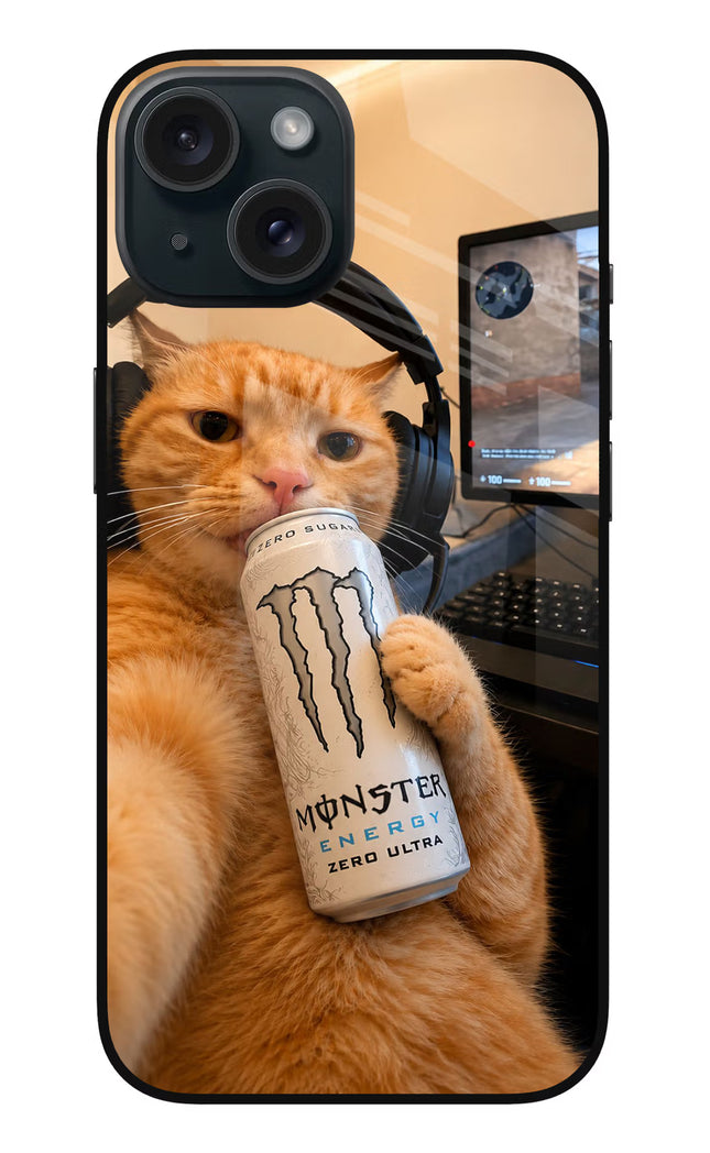 Gamer Cat Energy iPhone 15 Glass Case