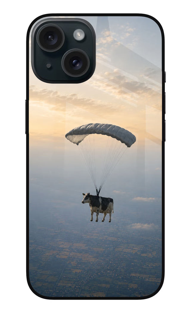 Skydiving Cow iPhone 15 Glass Case