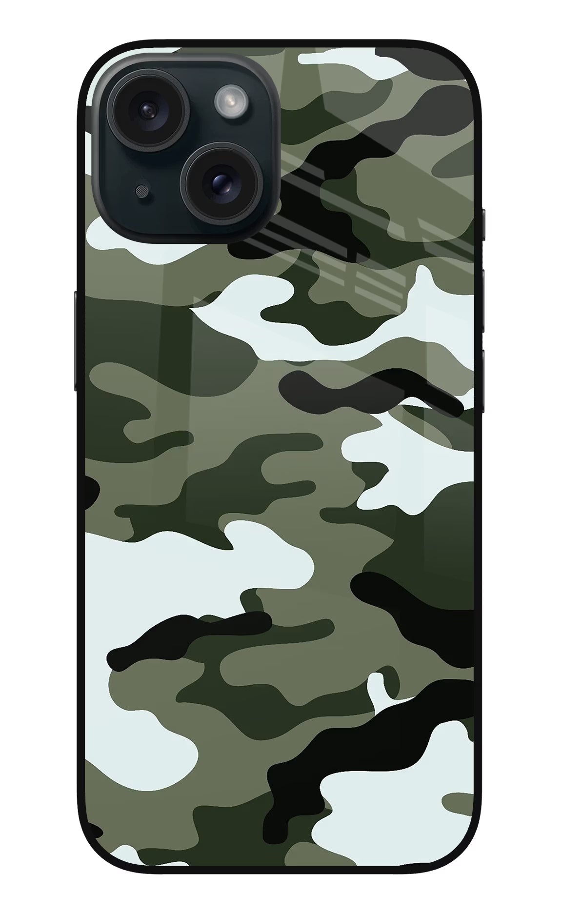 Camouflage iPhone 15 Plus Glass Case Back Cover by Casekaro