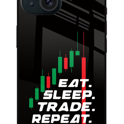 Eat Sleep Trade Repeat iPhone 15 Plus Glass Case Back Cover by Casekaro