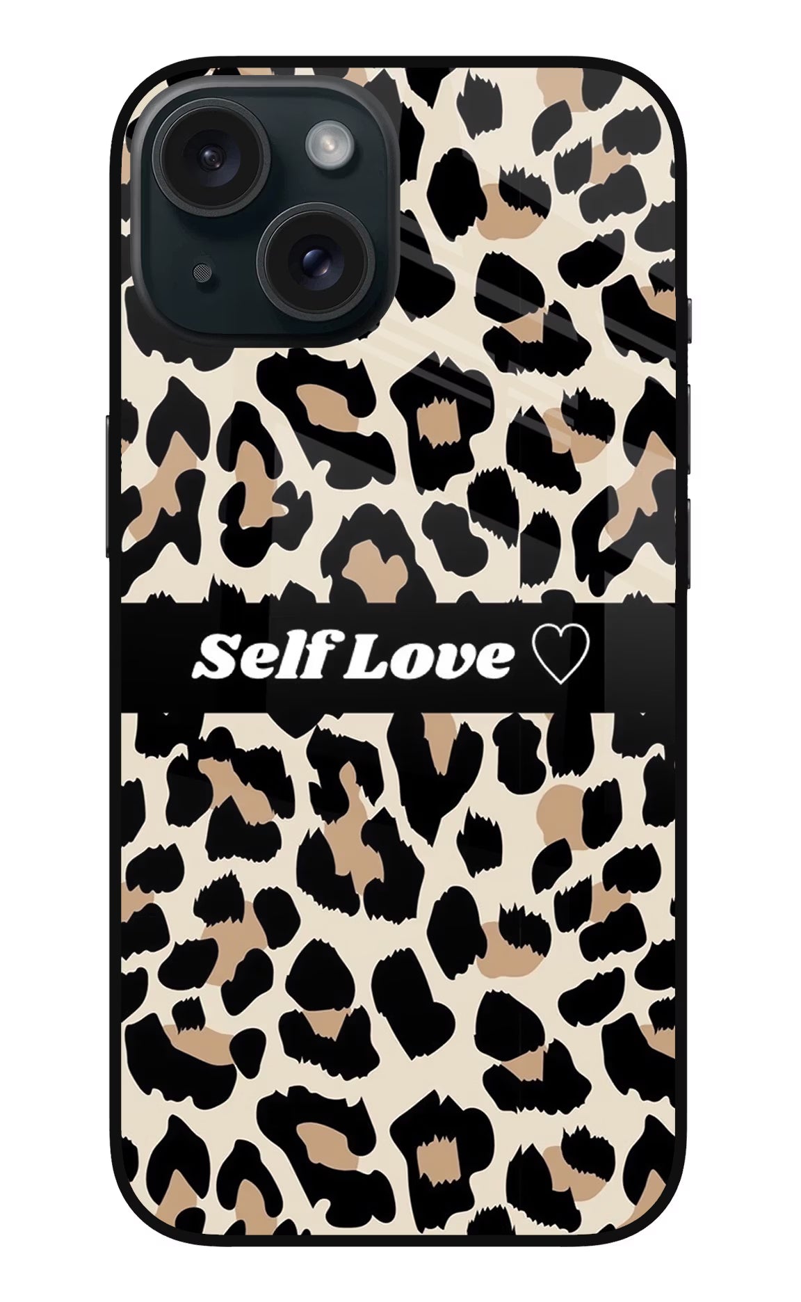 Leopard Print Self Love iPhone 15 Plus Glass Case Back Cover by Casekaro