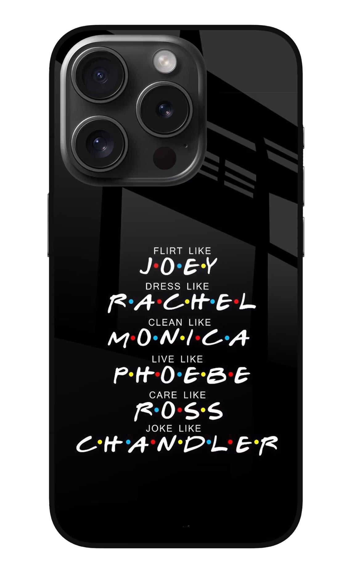 FRIENDS Character iPhone 15 Pro Glass Case Back Cover by Casekaro