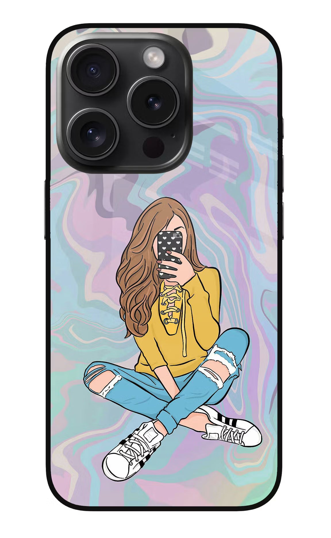 Selfie Girl iPhone 15 Pro Glass Case Back Cover by Casekaro