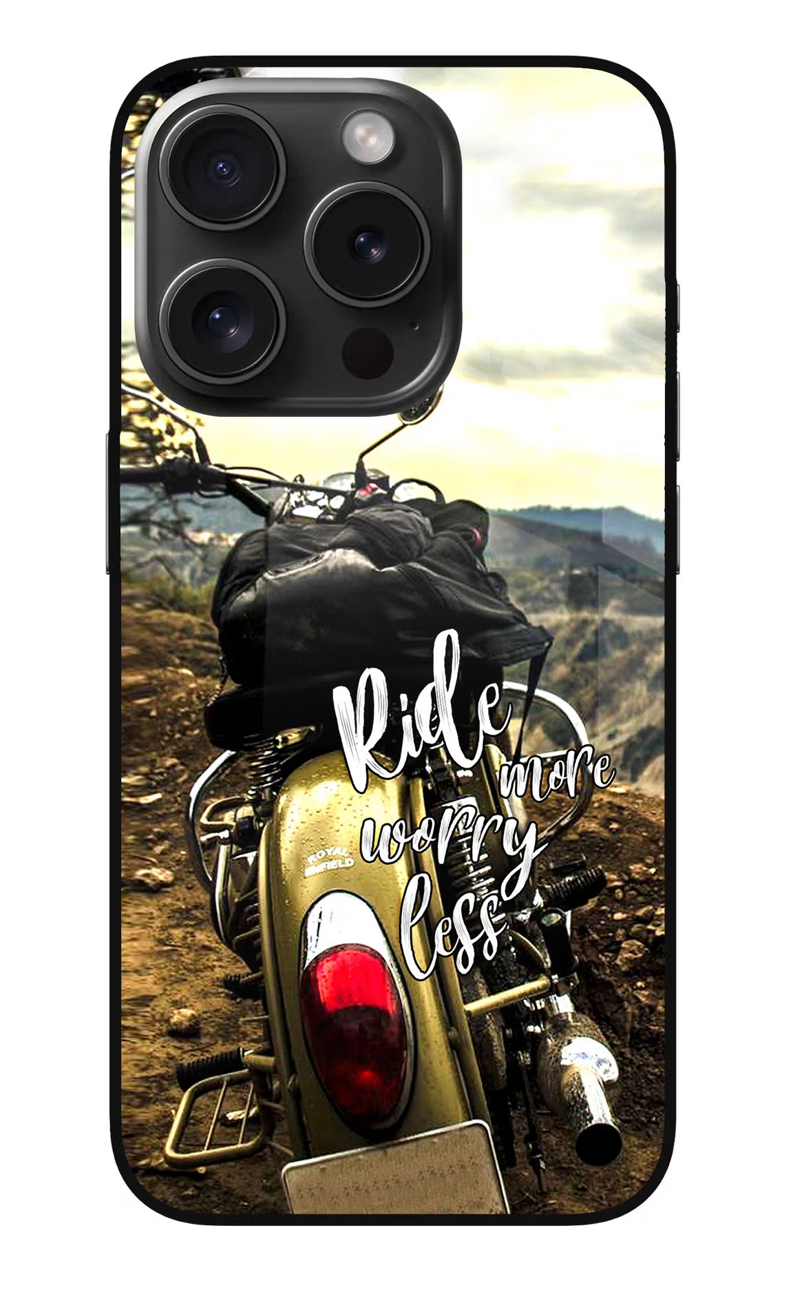 Ride More Worry Less iPhone 15 Pro Glass Case Back Cover by Casekaro