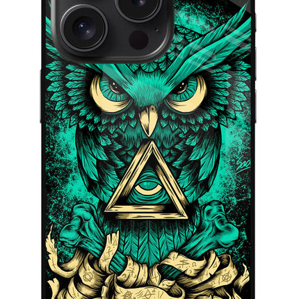 Green Owl iPhone 15 Pro Glass Case Back Cover by Casekaro