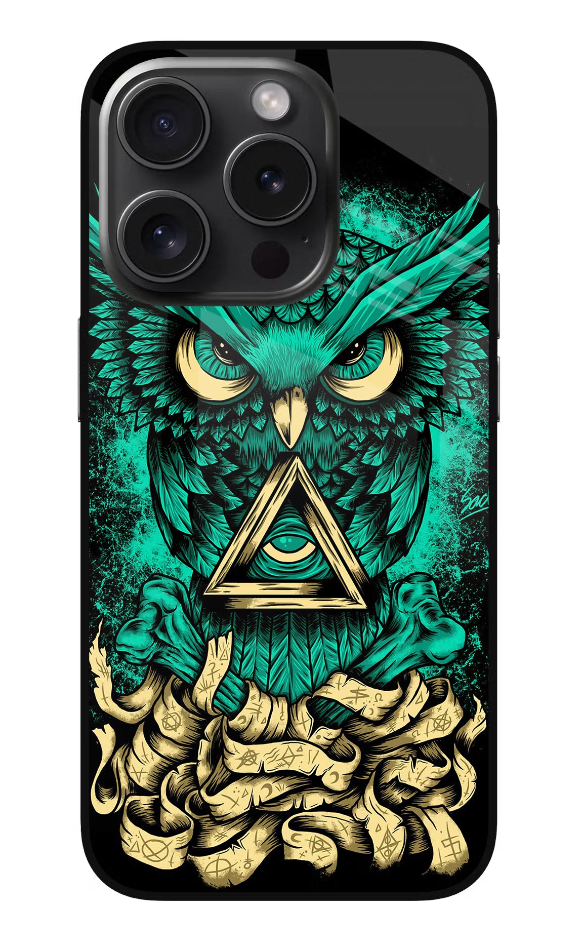 Green Owl iPhone 15 Pro Glass Case Back Cover by Casekaro