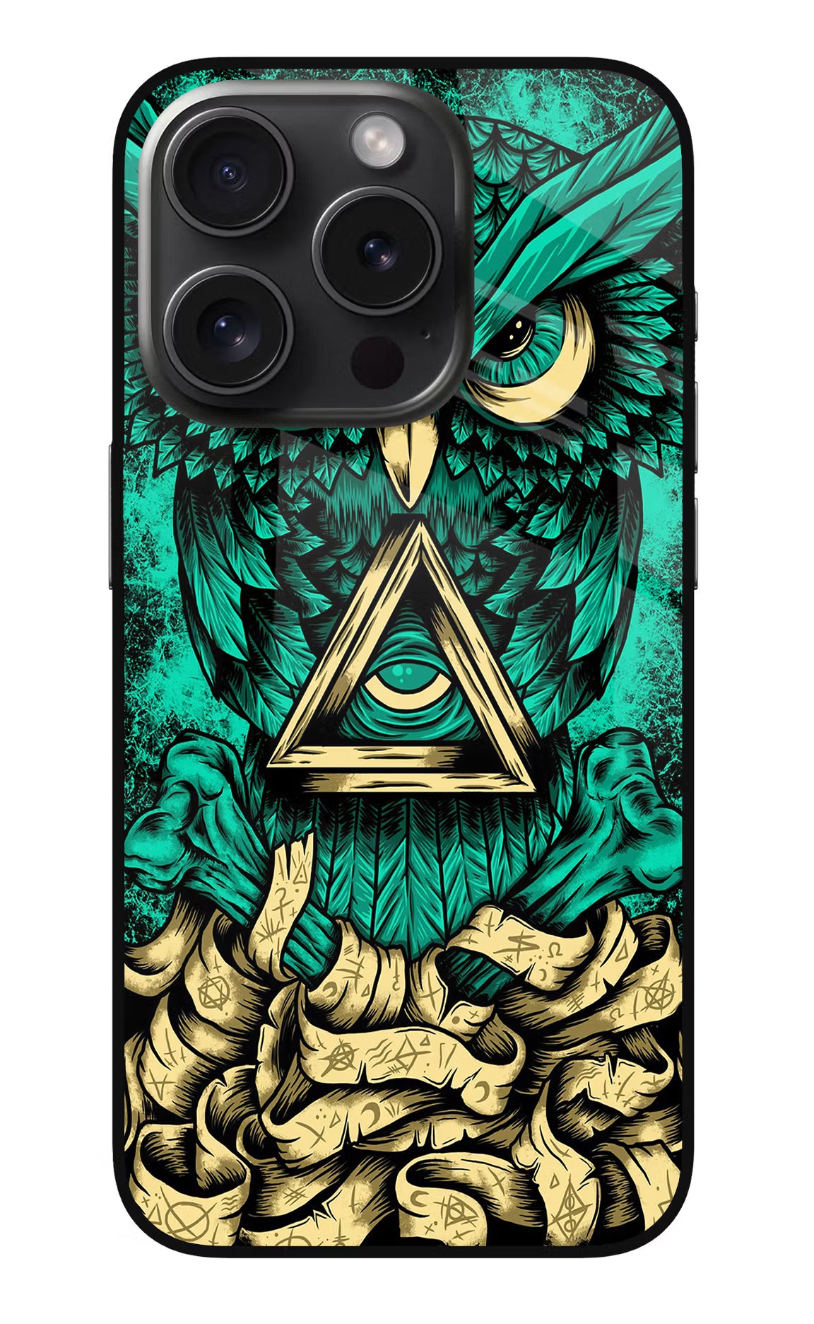 Green Owl iPhone 15 Pro Glass Case Back Cover by Casekaro
