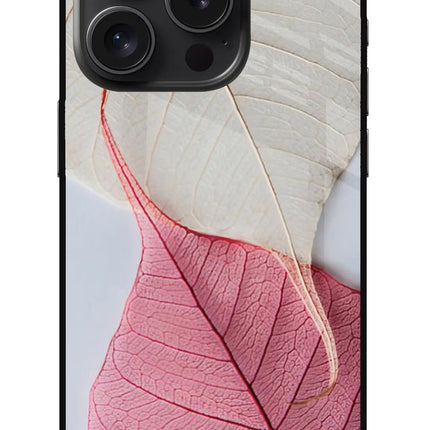 White Pink Leaf iPhone 15 Pro Glass Case Back Cover by Casekaro
