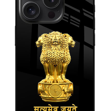 Satyamev Jayate Golden iPhone 15 Pro Glass Case