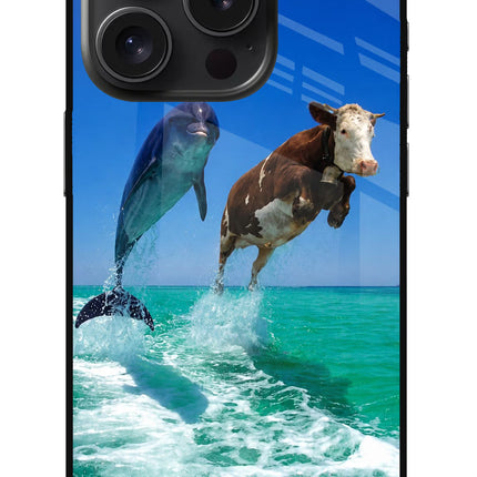 Dolphin vs Cow iPhone 15 Pro Glass Case Back Cover by Casekaro