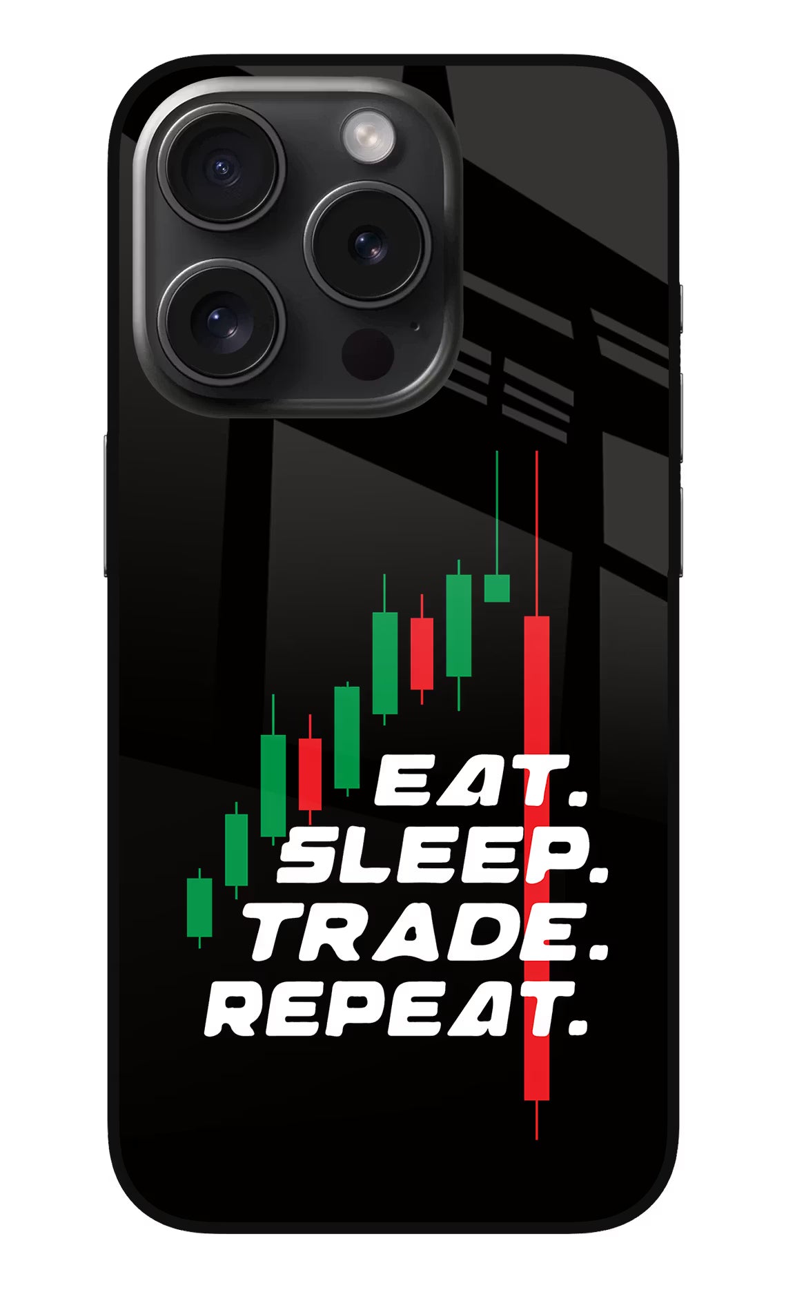 Eat Sleep Trade Repeat iPhone 15 Pro Max Glass Case Back Cover by Casekaro