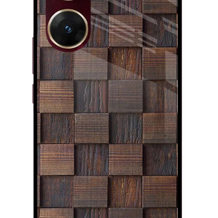 Wooden Cube Design Vivo V29E Glass Case Back Cover by Casekaro