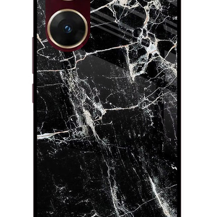 Black Marble Texture Vivo V29E Glass Case Back Cover by Casekaro