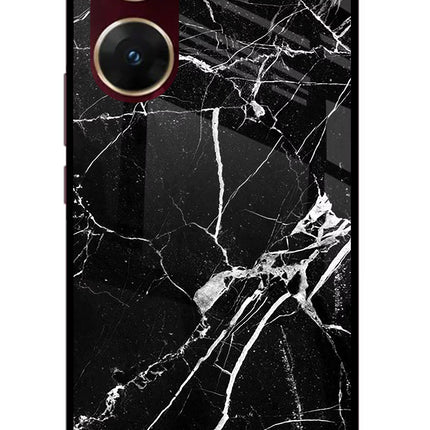 Black Marble Pattern Vivo V29E Glass Case Back Cover by Casekaro