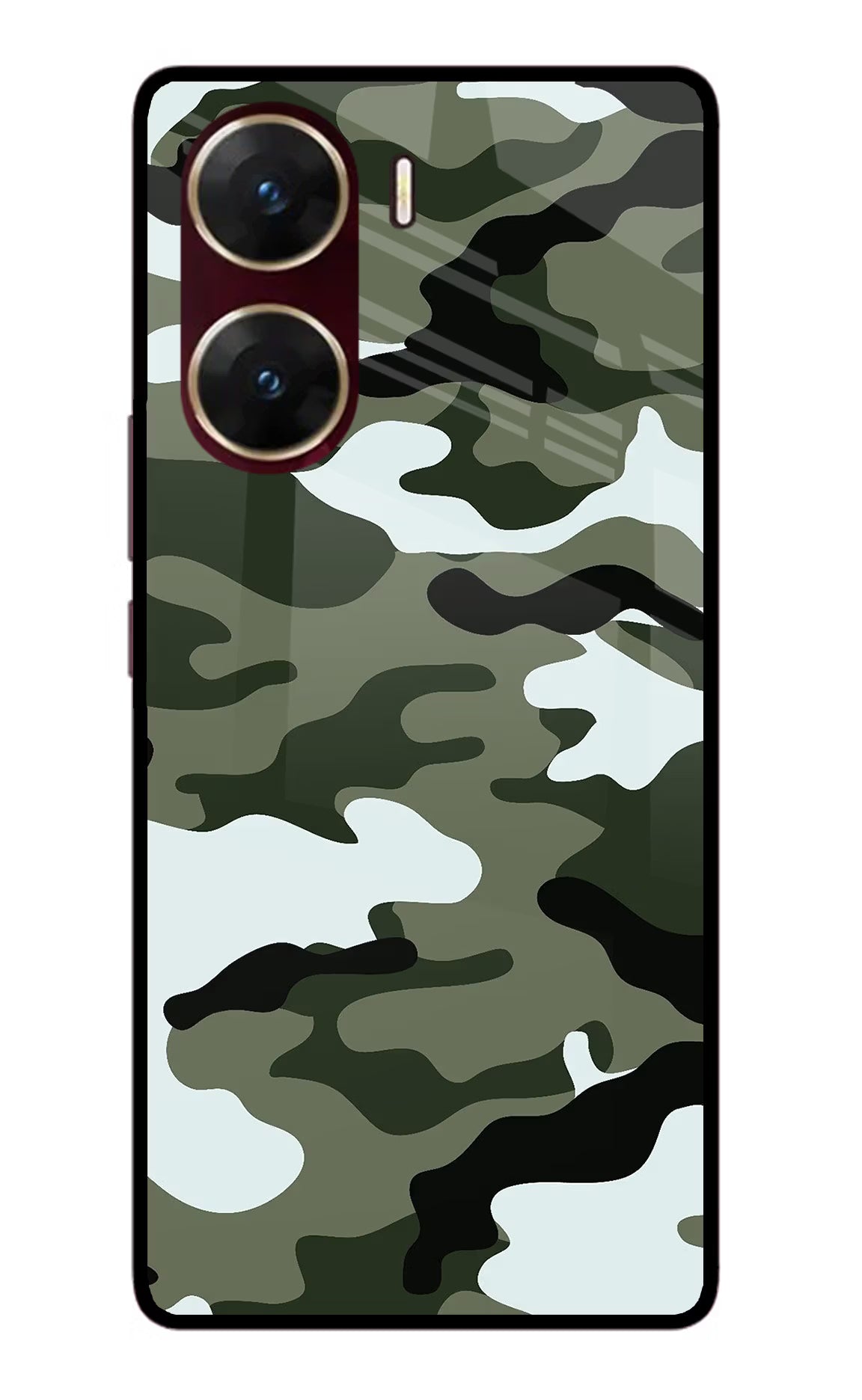 Camouflage Vivo V29E Glass Case Back Cover by Casekaro