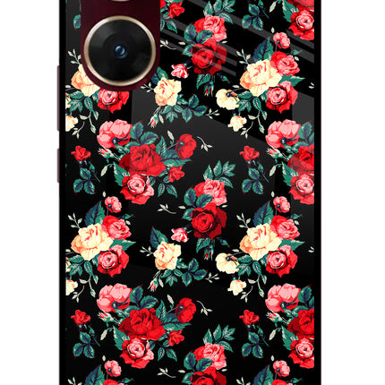Rose Pattern Vivo V29E Glass Case Back Cover by Casekaro