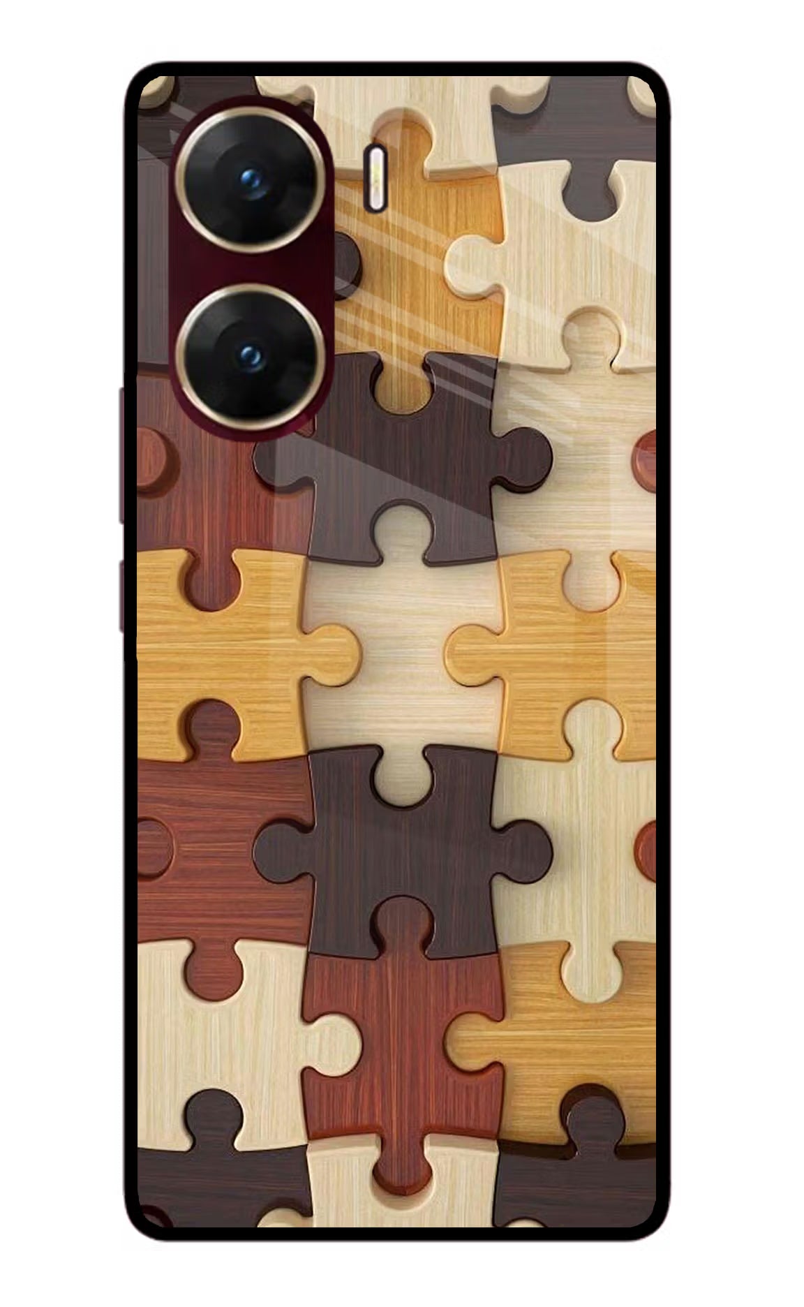 Wooden Puzzle Vivo V29E Glass Case Back Cover by Casekaro