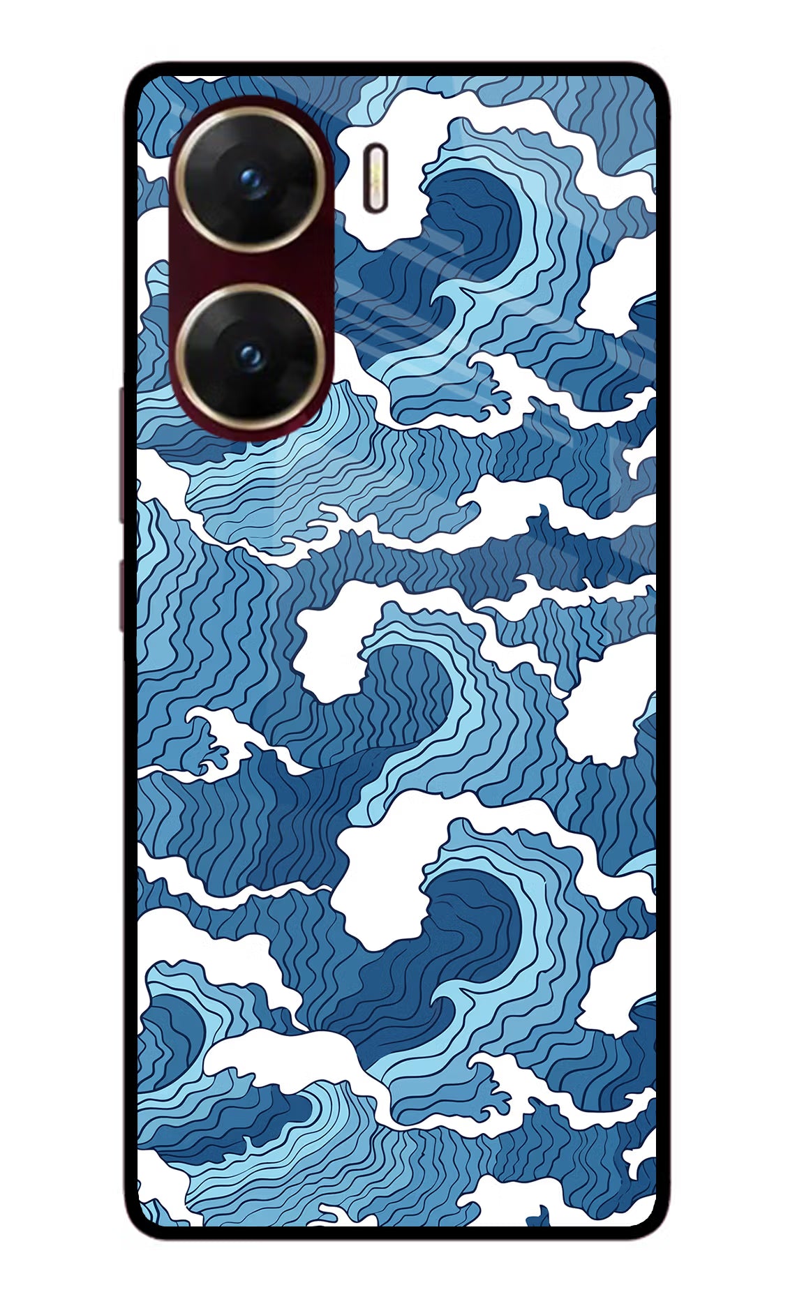 Blue Waves Vivo V29E Glass Case Back Cover by Casekaro