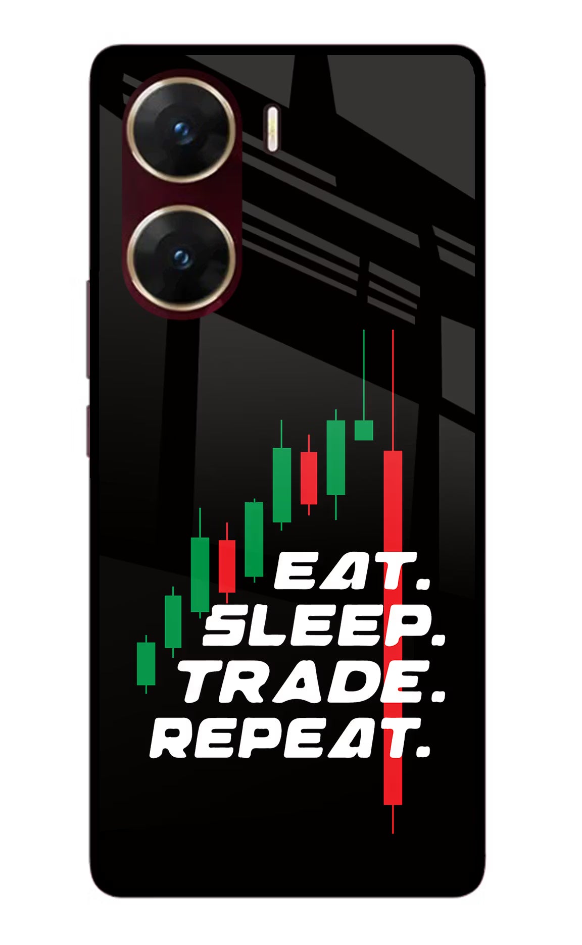 Eat Sleep Trade Repeat Vivo V29E Glass Case Back Cover by Casekaro