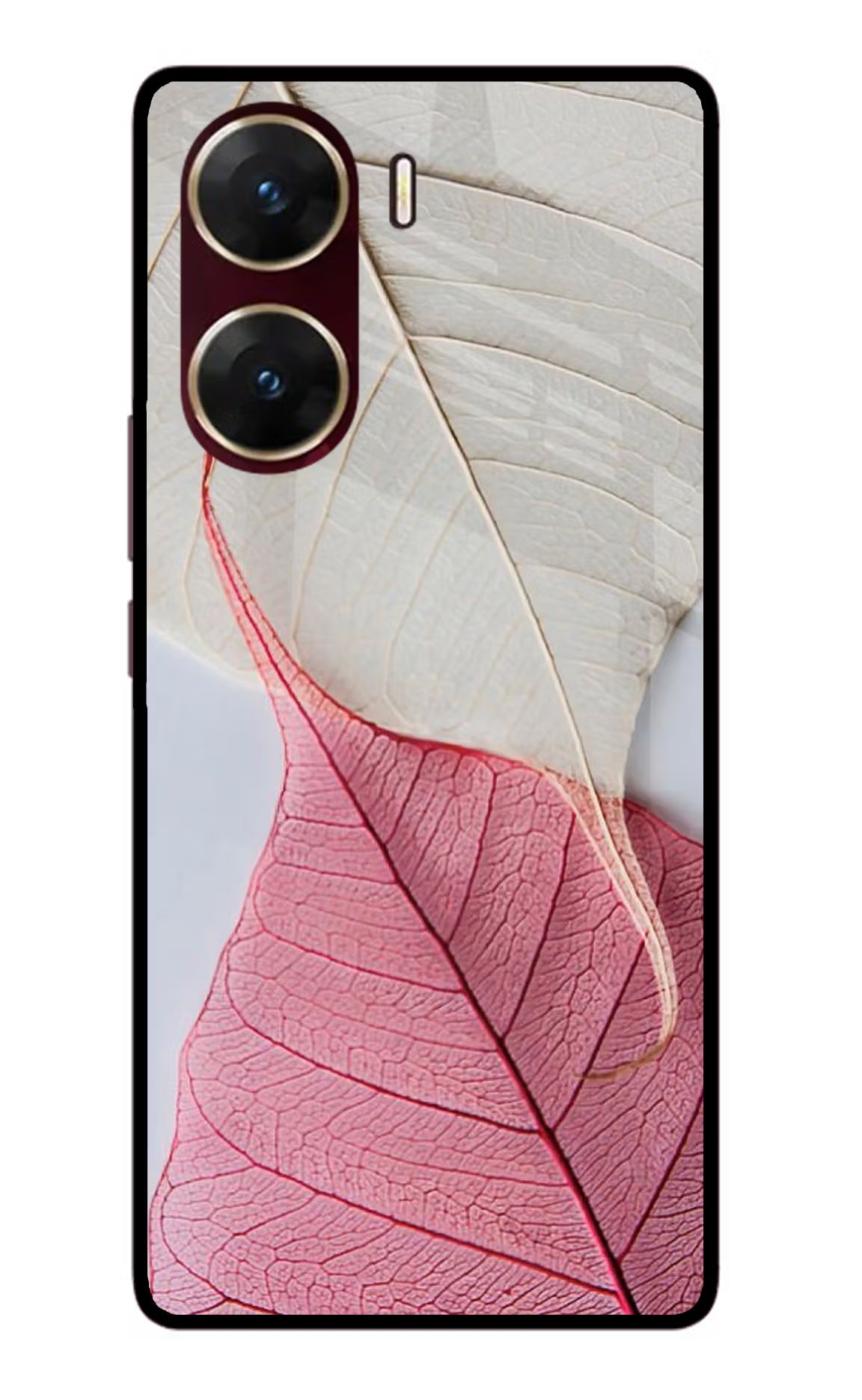 White Pink Leaf Vivo V29E Glass Case Back Cover by Casekaro