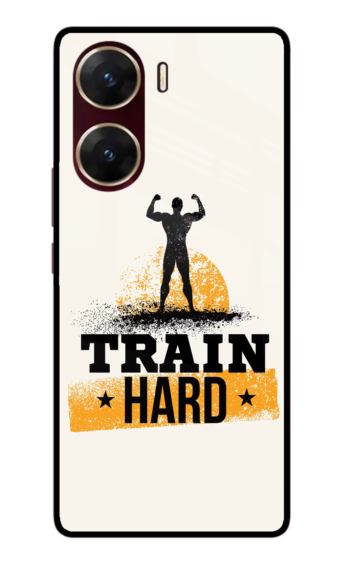 Train Hard Vivo V29E Glass Case Back Cover by Casekaro