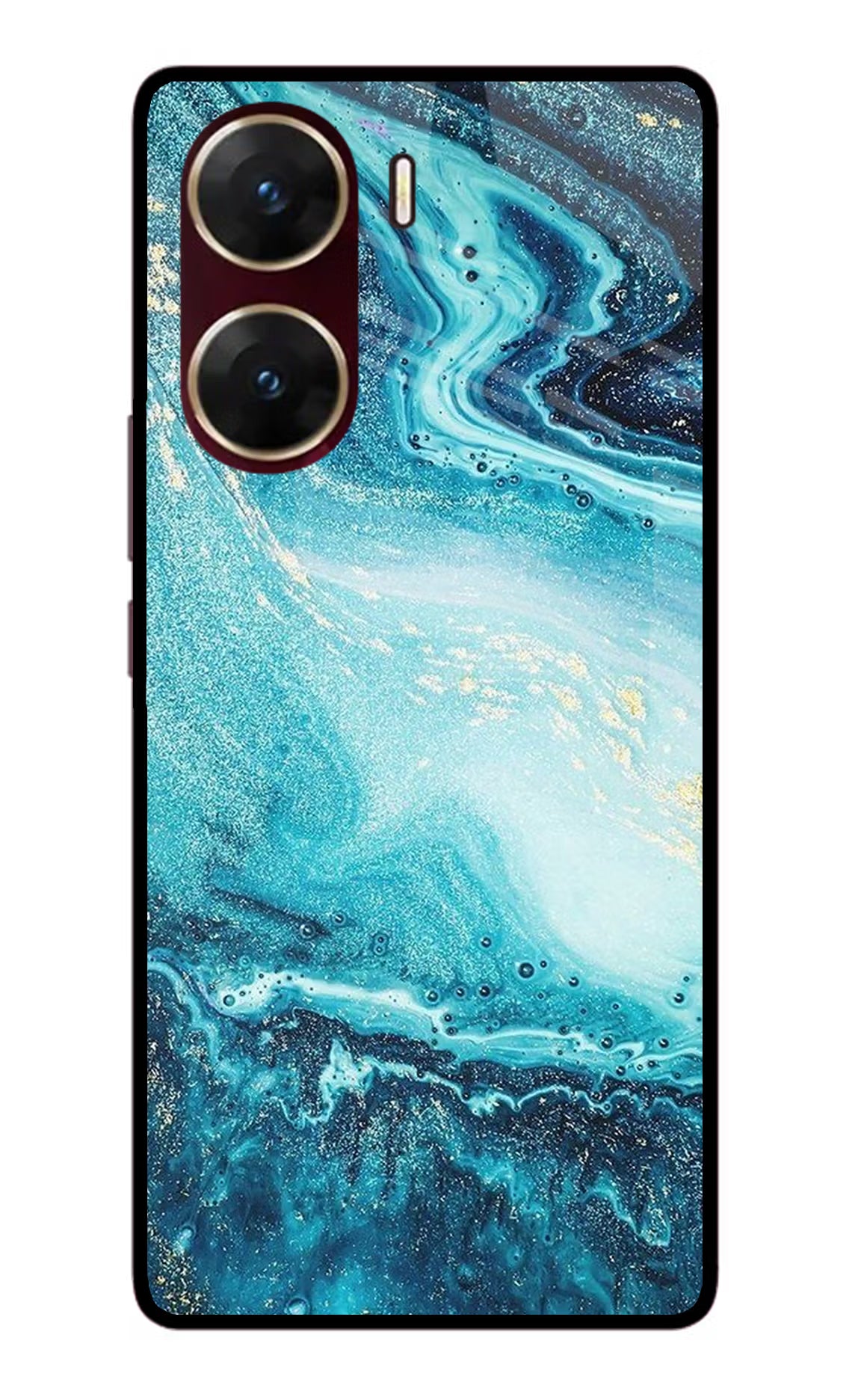 Blue Glitter Marble Vivo V29E Glass Case Back Cover by Casekaro