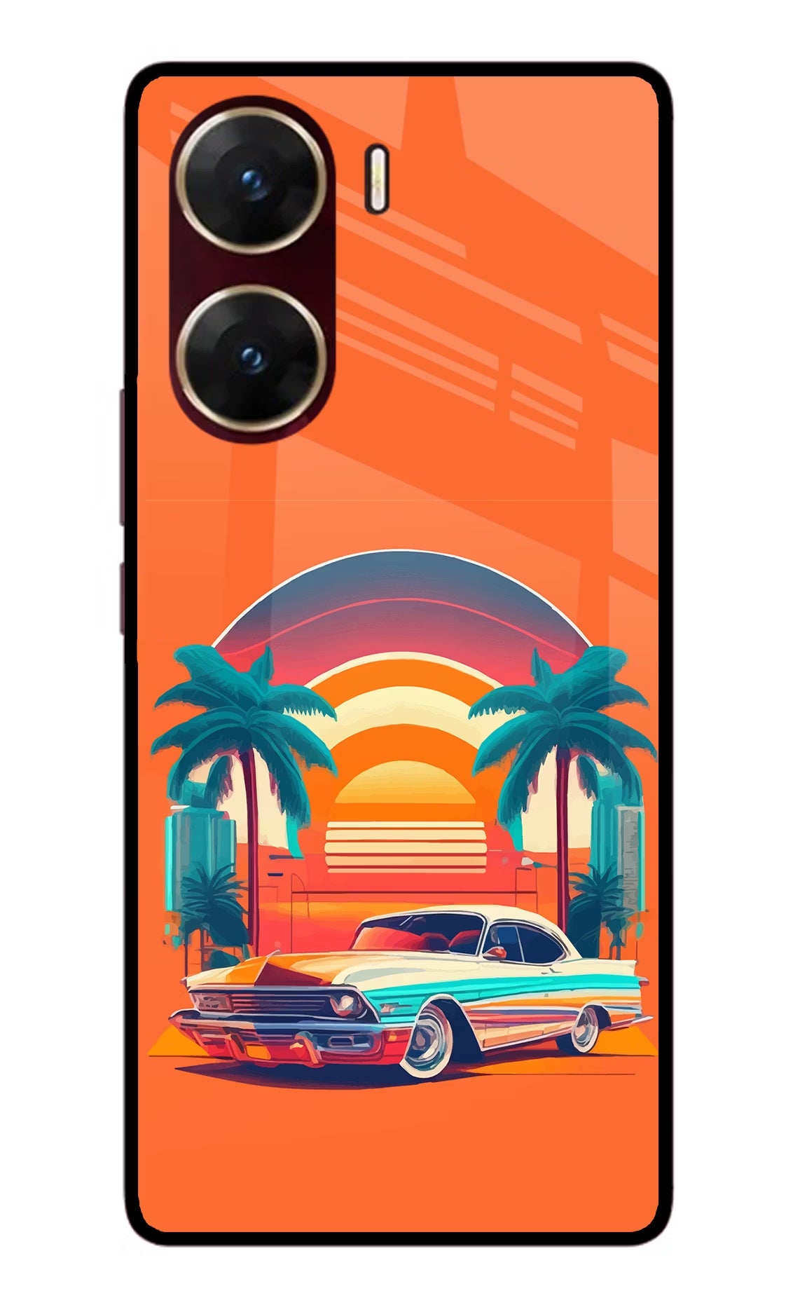 Palm Drive 80s Vivo V29E Glass Case Back Cover by Casekaro