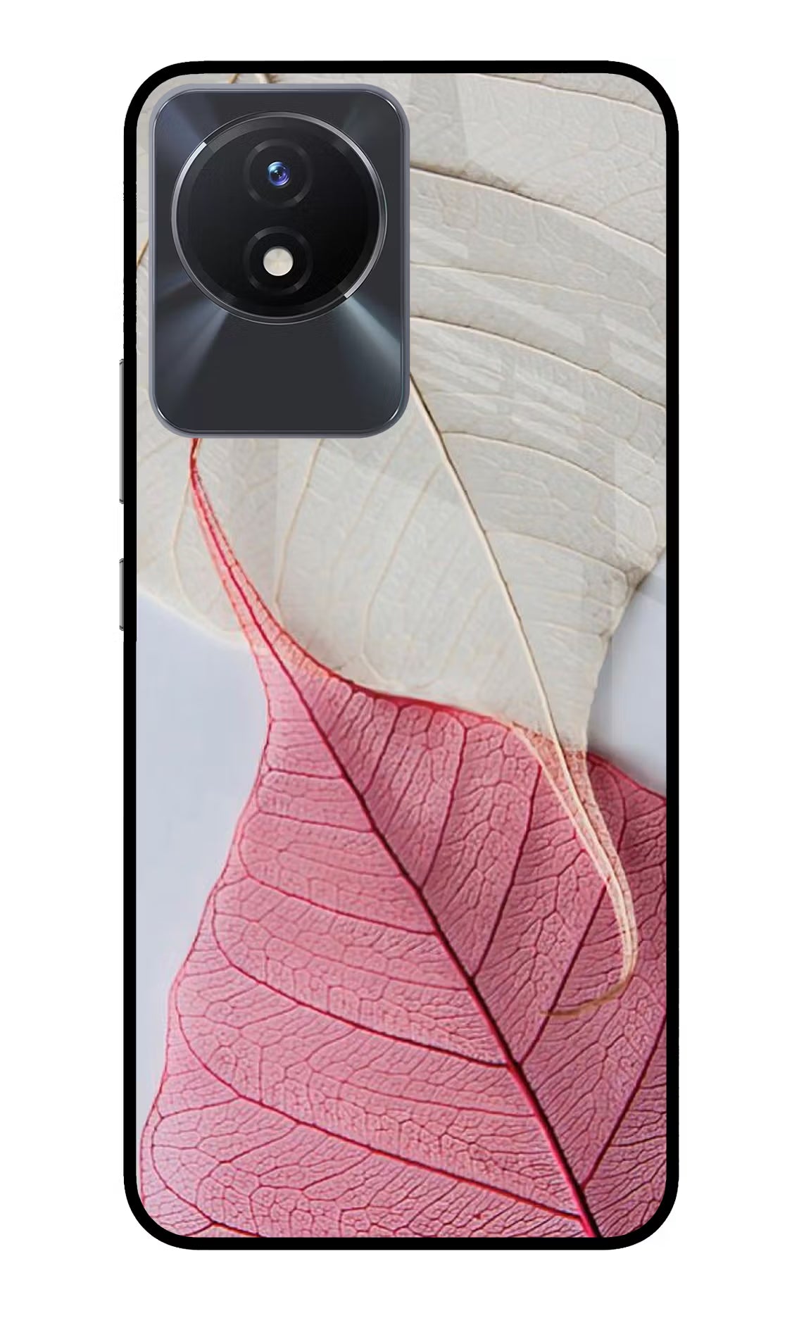 White Pink Leaf Vivo Y02/Y02T Glass Case Back Cover by Casekaro