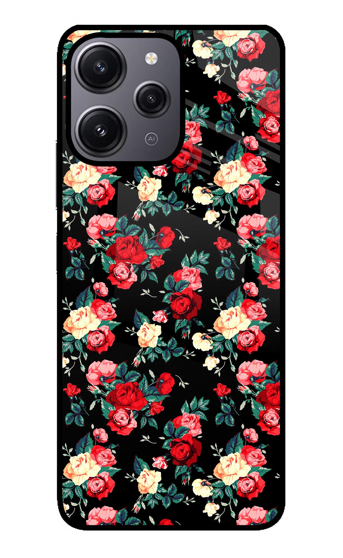 Rose Pattern Redmi 12 4G Glass Case Back Cover by Casekaro