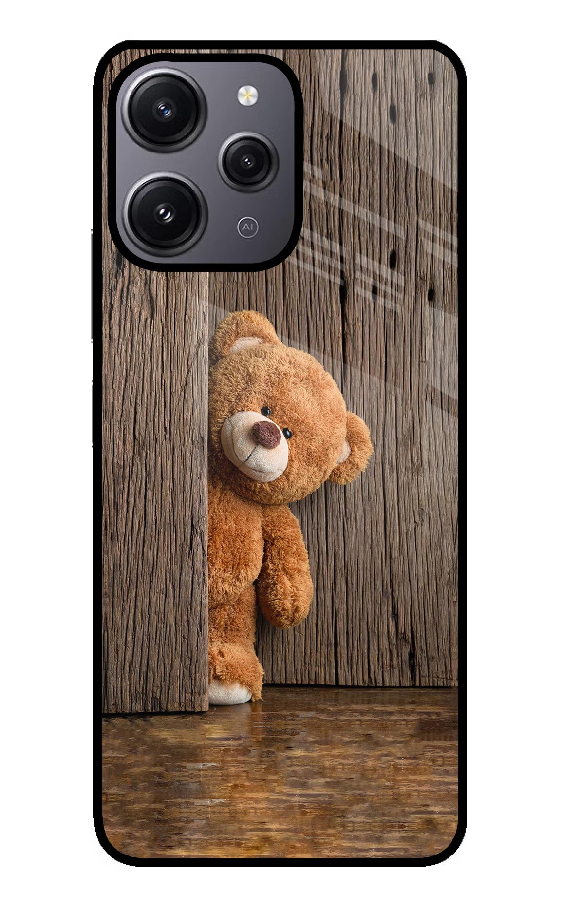 Teddy Wooden Redmi 12 4G Glass Case Back Cover by Casekaro