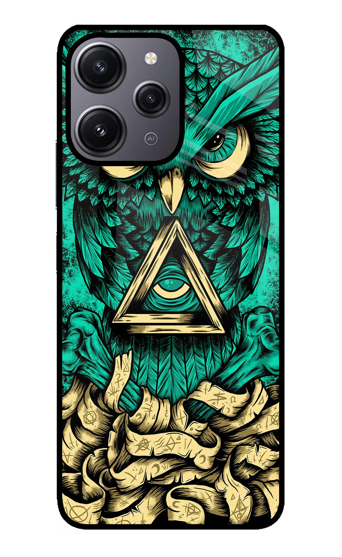 Green Owl Redmi 12 4G Glass Case Back Cover by Casekaro