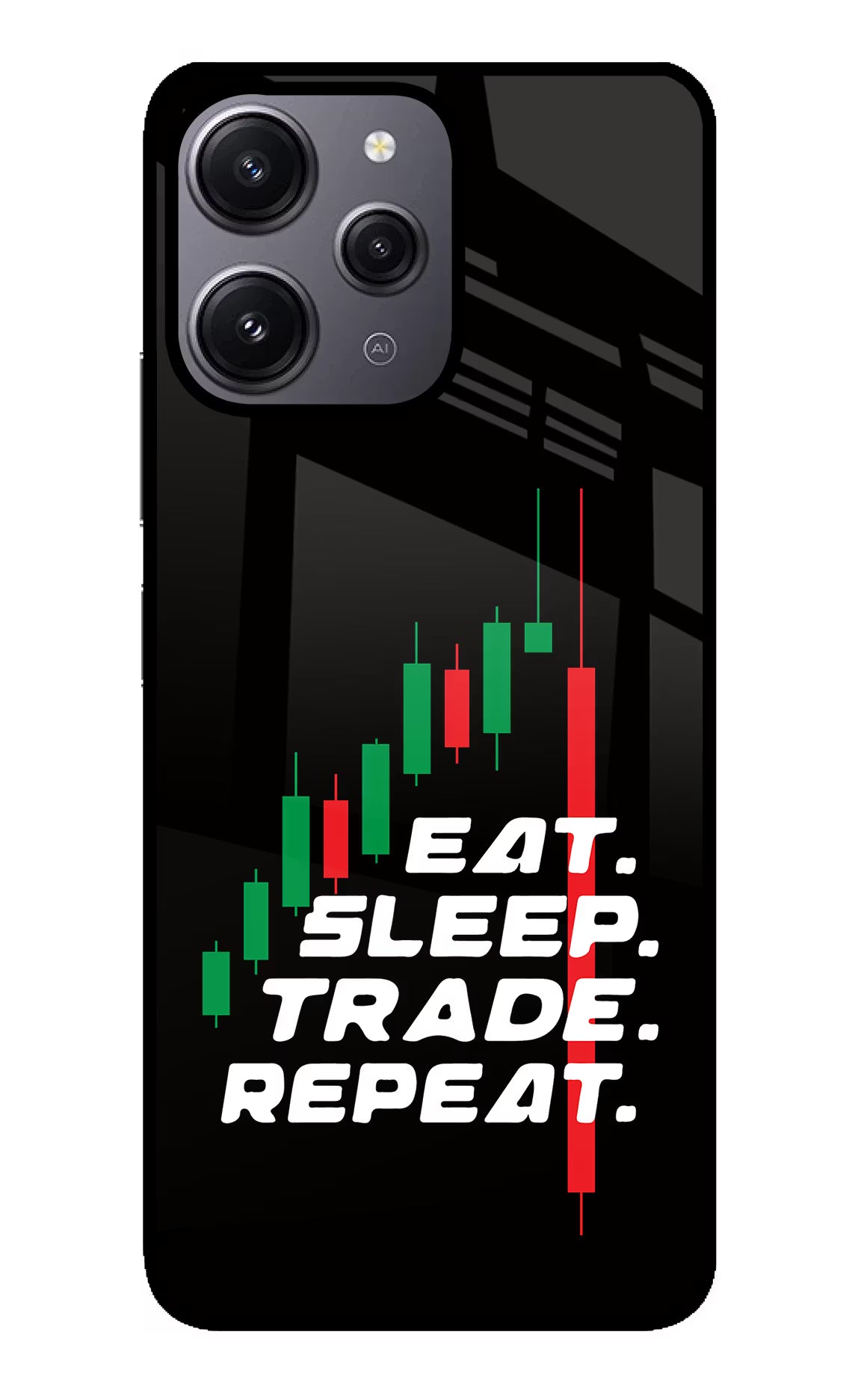 Eat Sleep Trade Repeat Redmi 12 4G Glass Case Back Cover by Casekaro