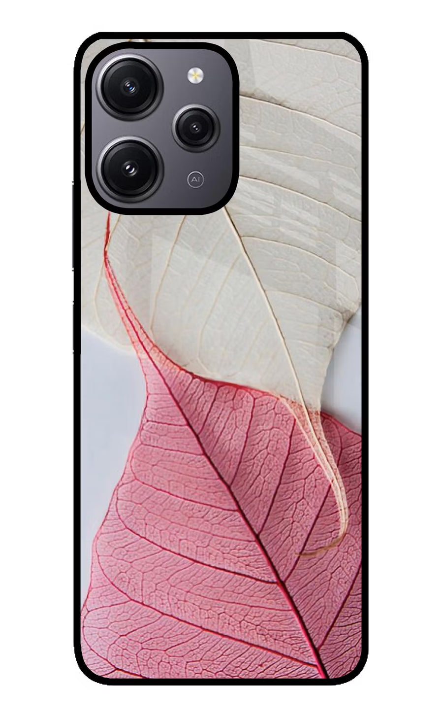 White Pink Leaf Redmi 12 4G Back Cover, Glass case