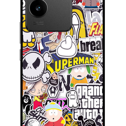 Sticker Bomb Vivo T2 Pro 5G Glass Case Back Cover by Casekaro