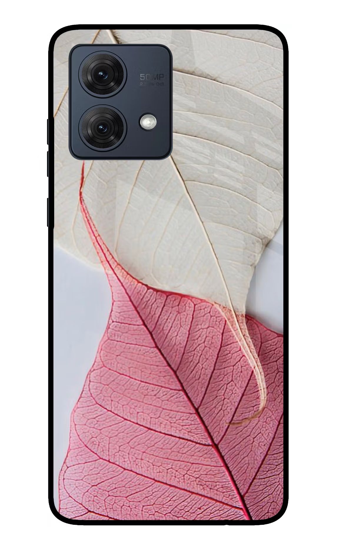 White Pink Leaf Moto G84 5G Glass Case Back Cover by Casekaro