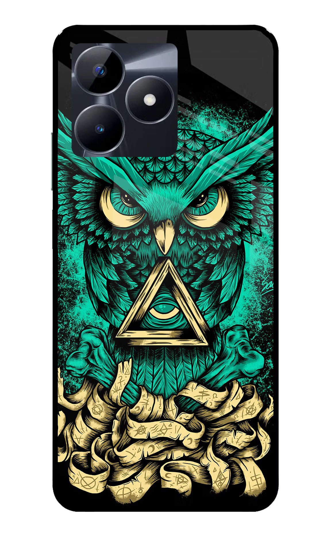 Green Owl Realme C53 Glass Case Back Cover by Casekaro