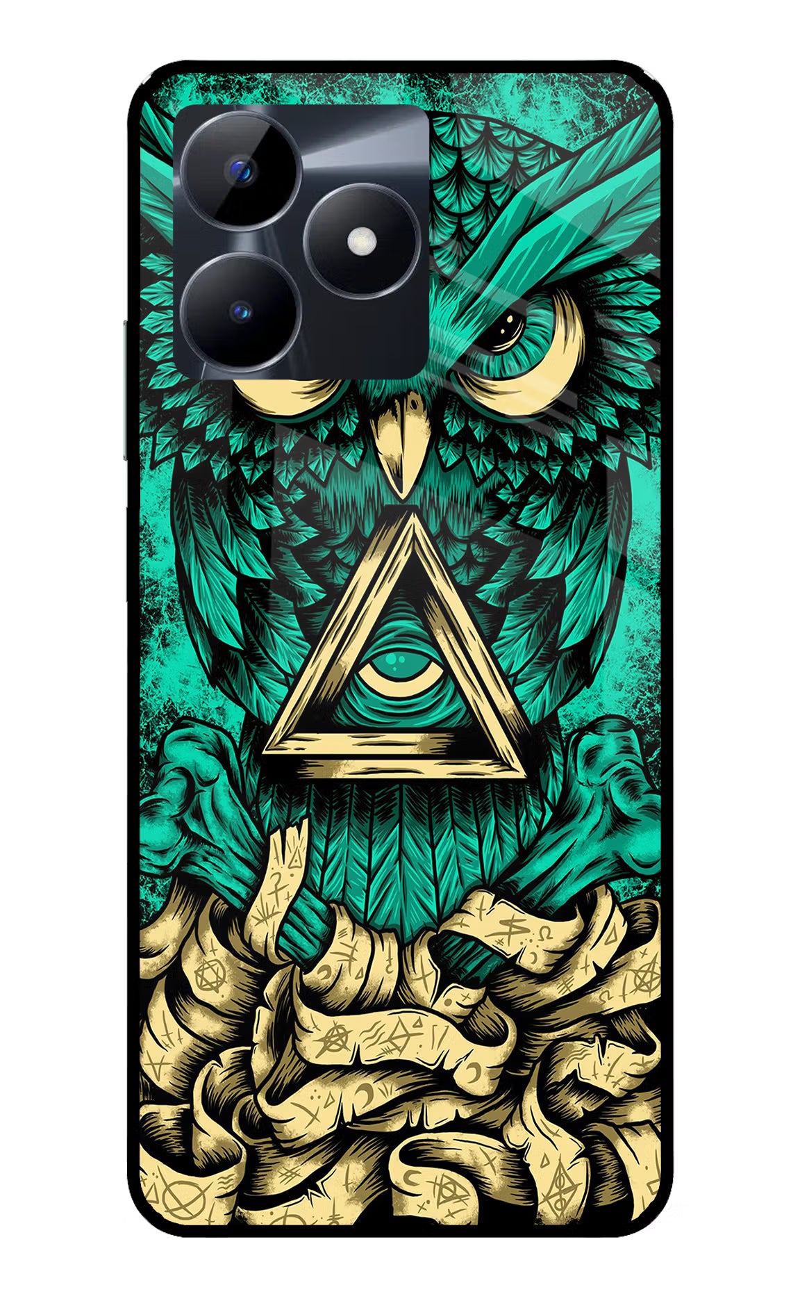 Green Owl Realme C53 Glass Case Back Cover by Casekaro