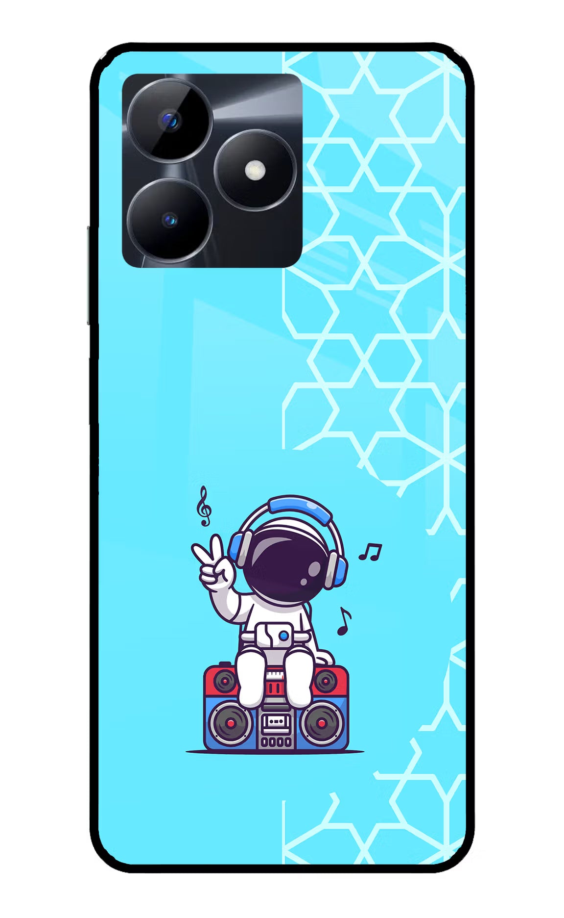 Cute Astronaut Chilling Realme C53 Glass Case Back Cover by Casekaro