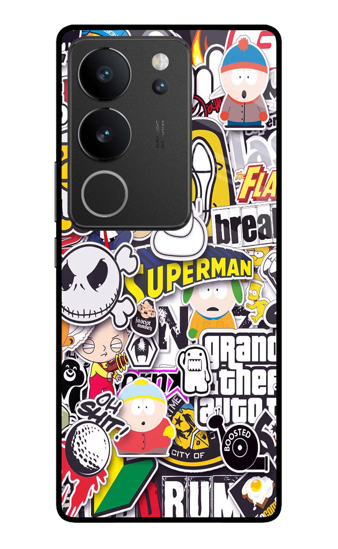 Sticker Bomb Vivo V29/V29 Pro Glass Case Back Cover by Casekaro