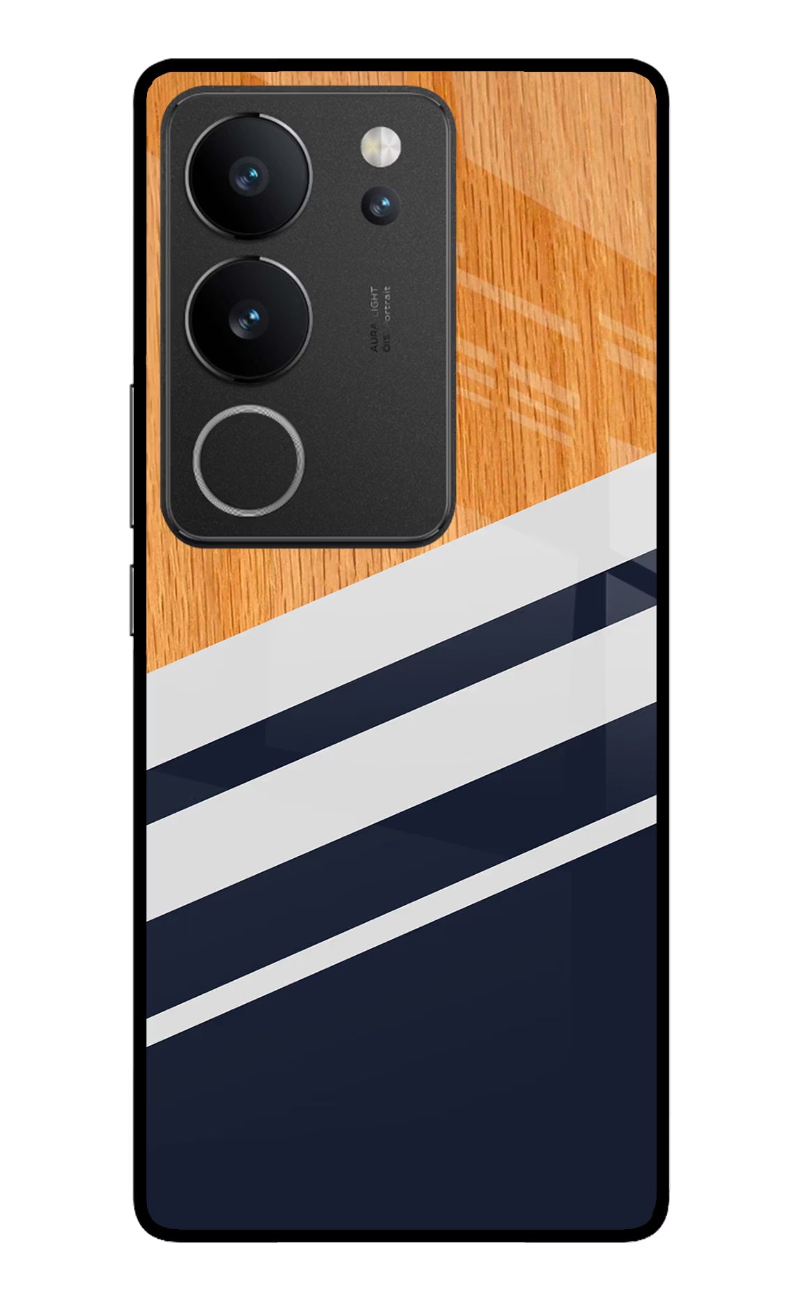 Blue and white wooden Vivo V29/V29 Pro Glass Case Back Cover by Casekaro